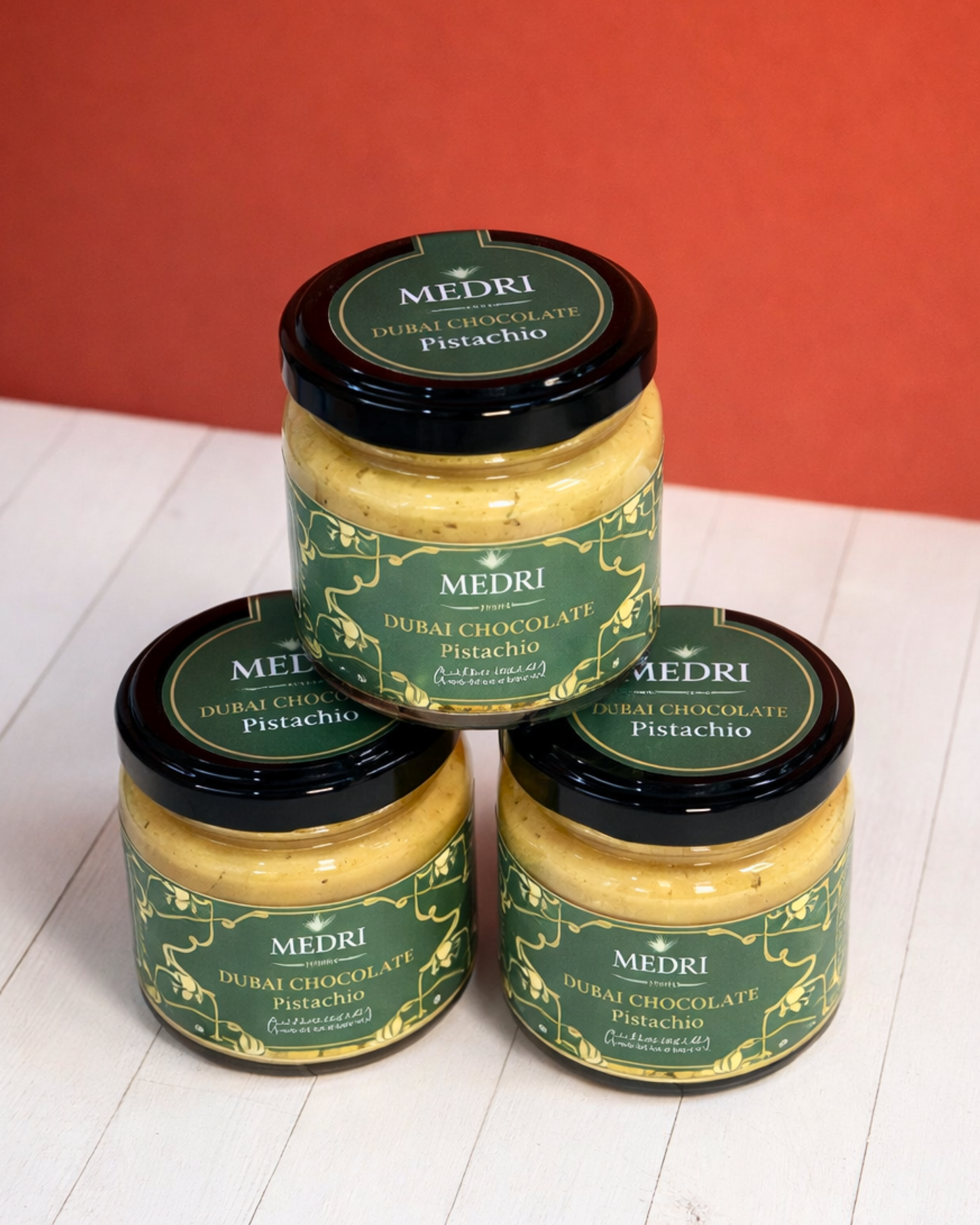 Creamy Dubai Pistachio with Crunchy Kataifi from Medri Tiramisu Cafe, 100g, featuring 25% pistachio.