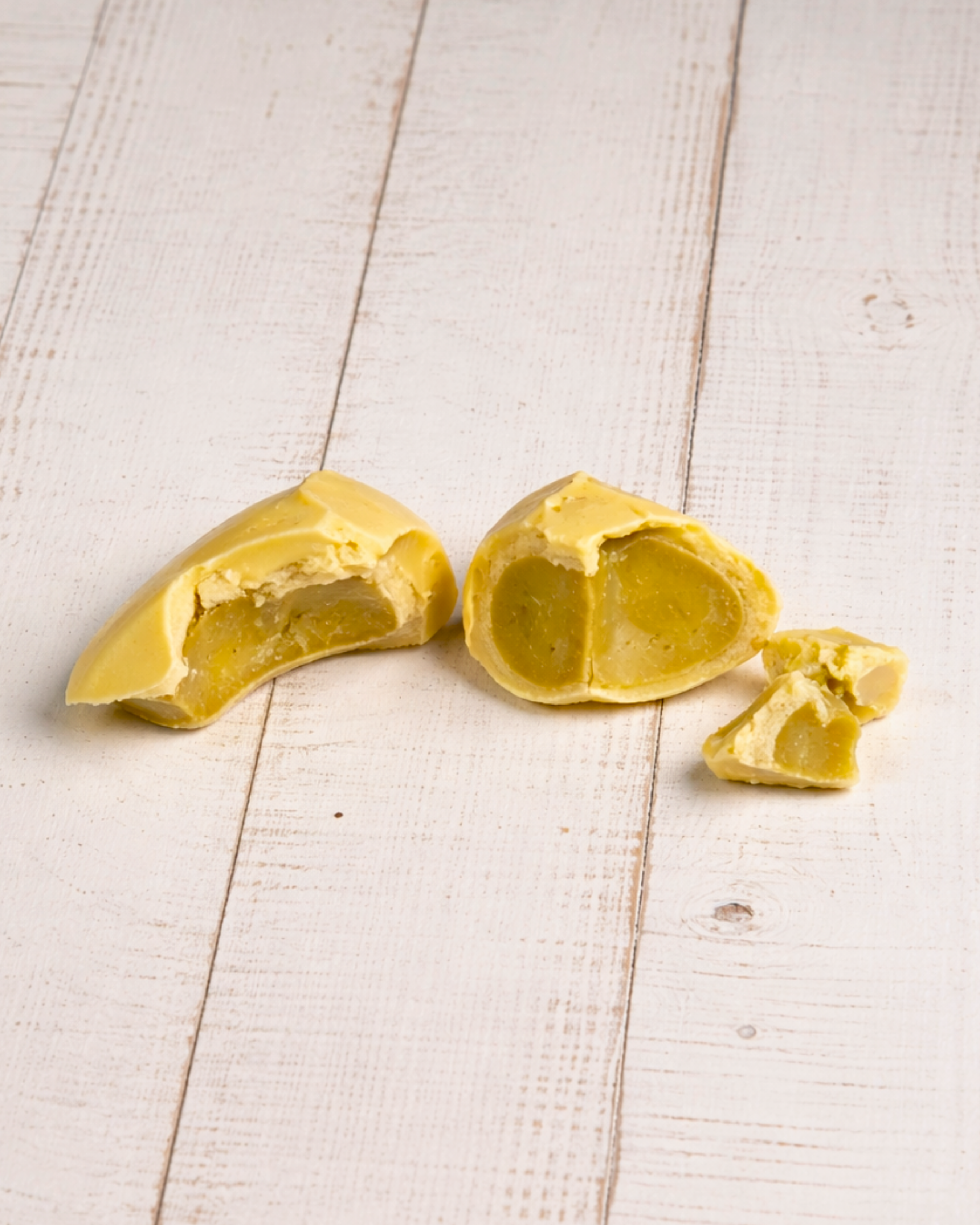 White chocolate and pistachio bonbons from Medri Tiramisu Cafe, delicate Cioccolatini d’Amore in an 80g box.