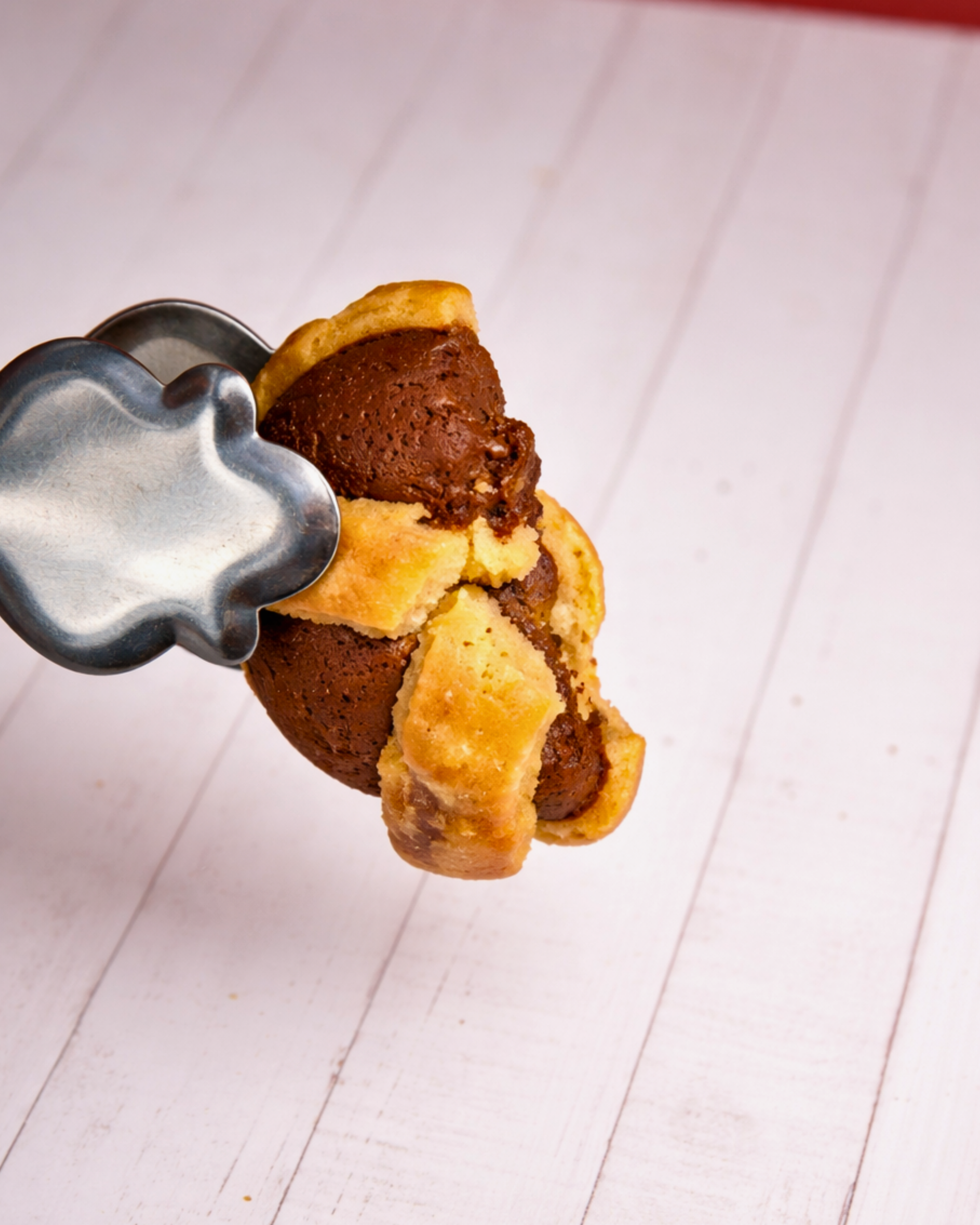 Rustichelle Bicolore chocolate with cacao from Medri, showing a close-up of the colorful, textured chocolate piece with cacao details.