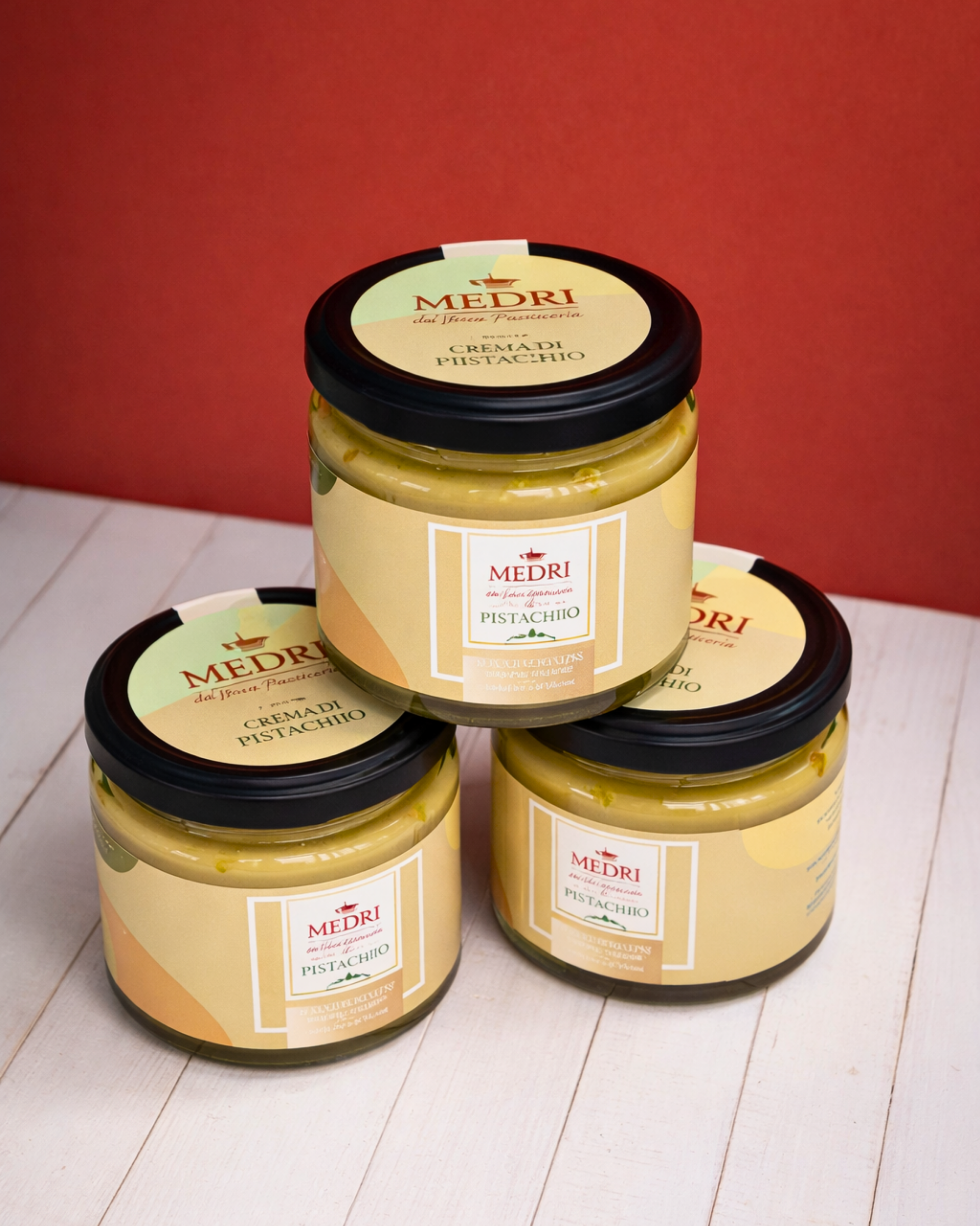 Creamy pistachio spread with 25% pistachio content from Medri Tiramisu Cafe, shown in a jar with a smooth texture.