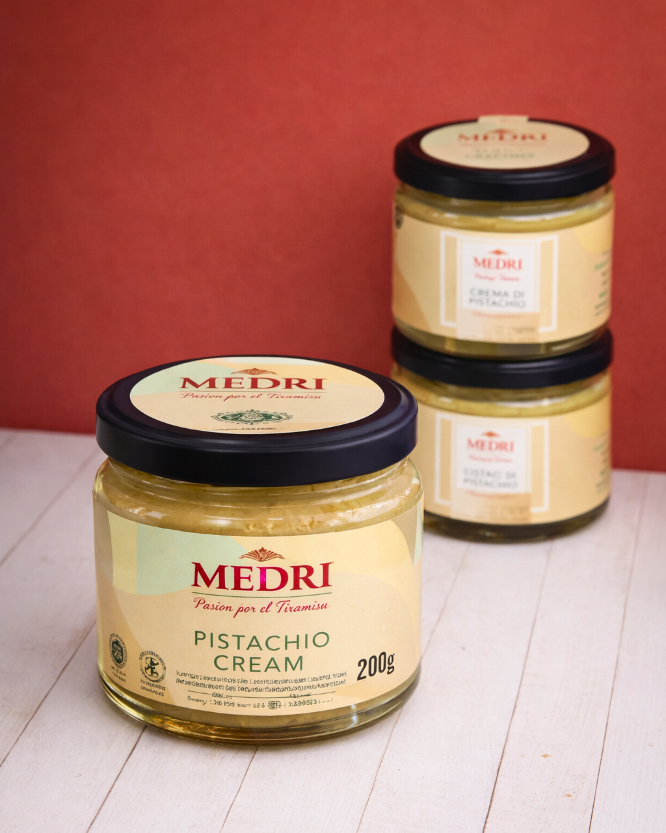 Medri Tiramisu Cafe pistachio spread with 25% pistachios, creamy green texture in a jar, ideal for desserts and spreads