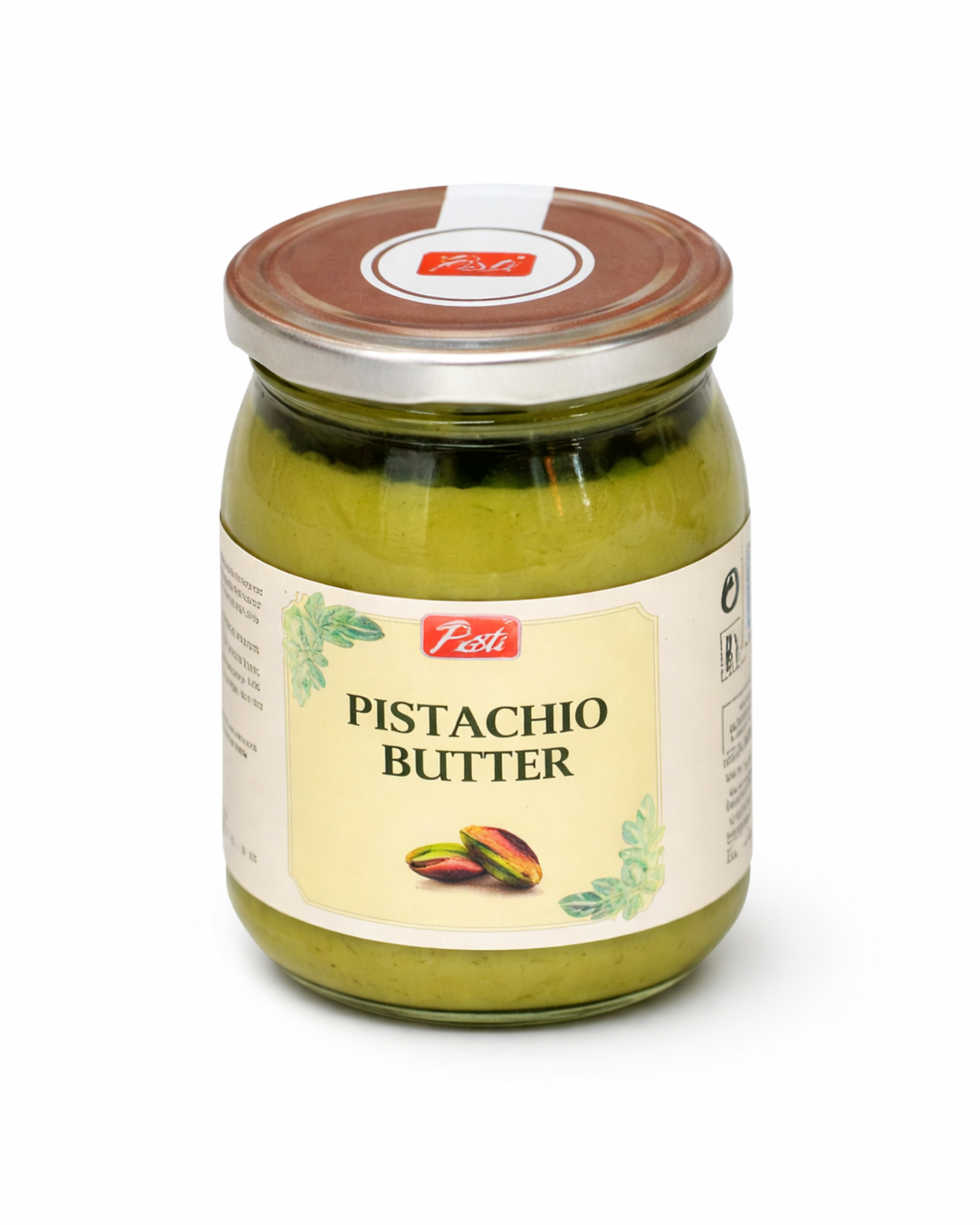 Creamy green pistachio spread in a jar by Medri, showcasing a rich texture and nutty color.