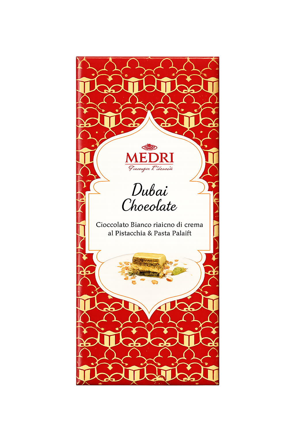 tableta chocolate Dubai 200 gramoas chocolate blanco y pasta kataifi y pistacho - Medri